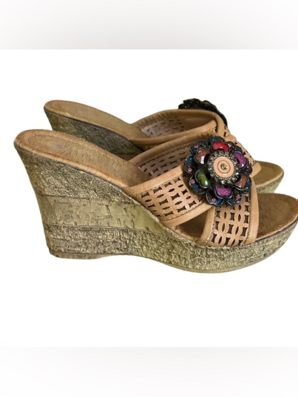 Patrizia Spring Step Tan Floral Jewel Accent Slide Platform Wedge Sandal 38/7.5